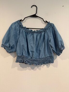 New Glory Denim-Effect Blue Off-Shoulder Smocked Crop Top